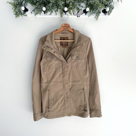 Prana Khaki Brown Full Zip And Buttoned Cinch Waist Pocketed Jacket Size Large - Picture 1 of 6